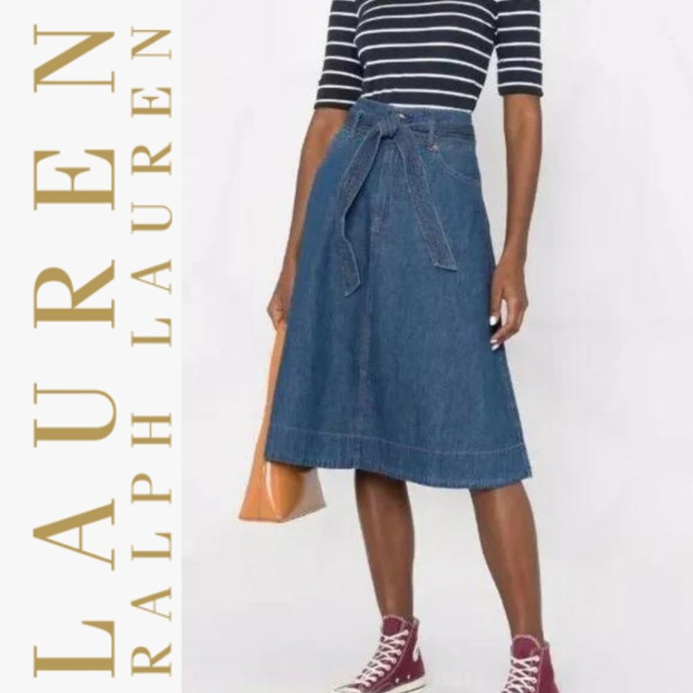 Classic Lauren Ralph Lauren BELTED DENIM MIDI SKIRT